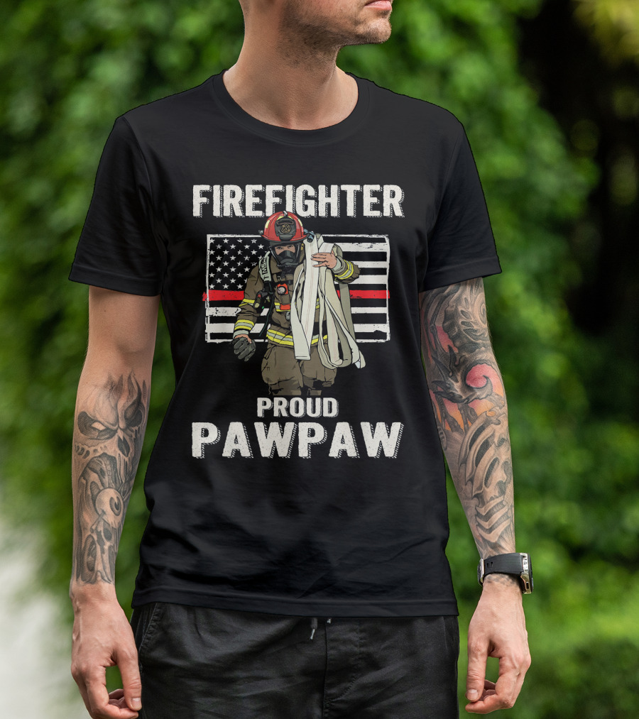 Firefighter Proud Pawpaw American Flag Thin Red Line T-Shirt