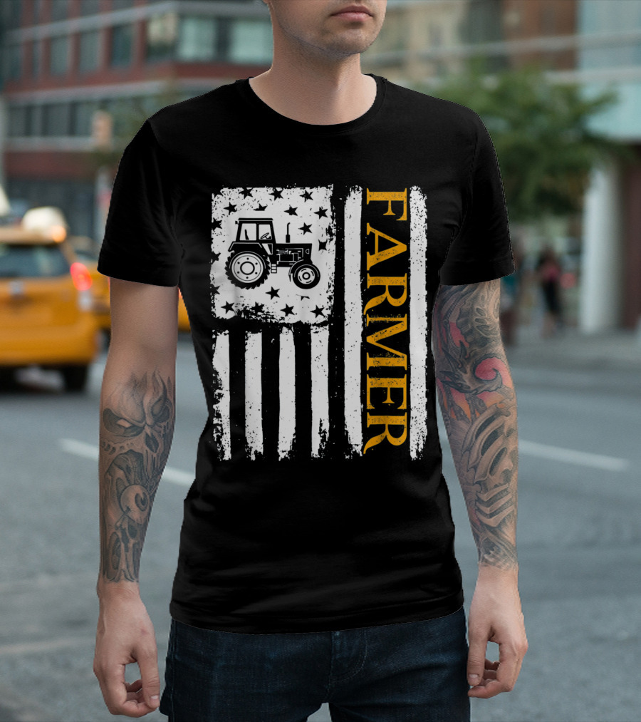 FARMER Tractor USA Flag Harvest T-Shirt
