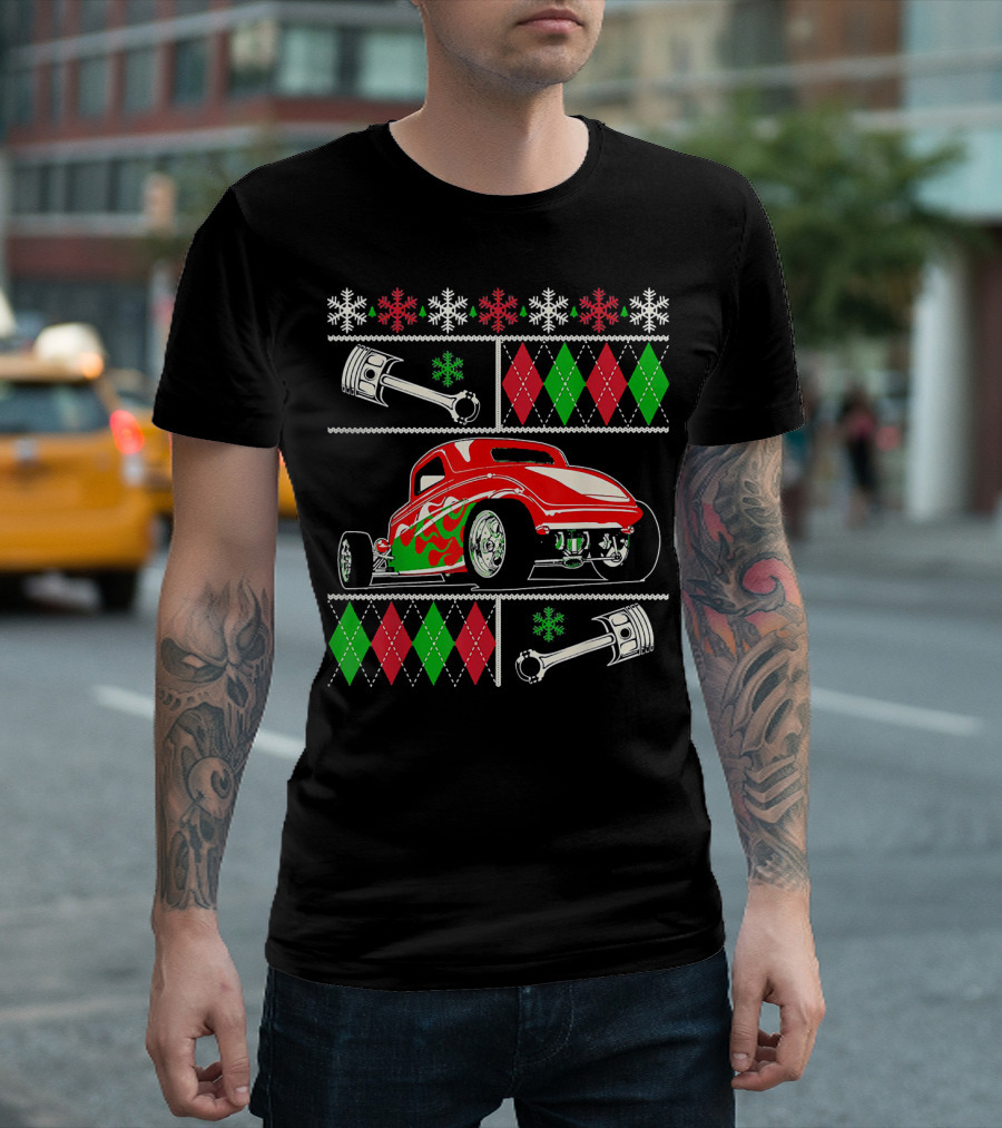 Favorite Mechanic Hot Rod Christmas Argyle Snowflake Piston T-Shirt