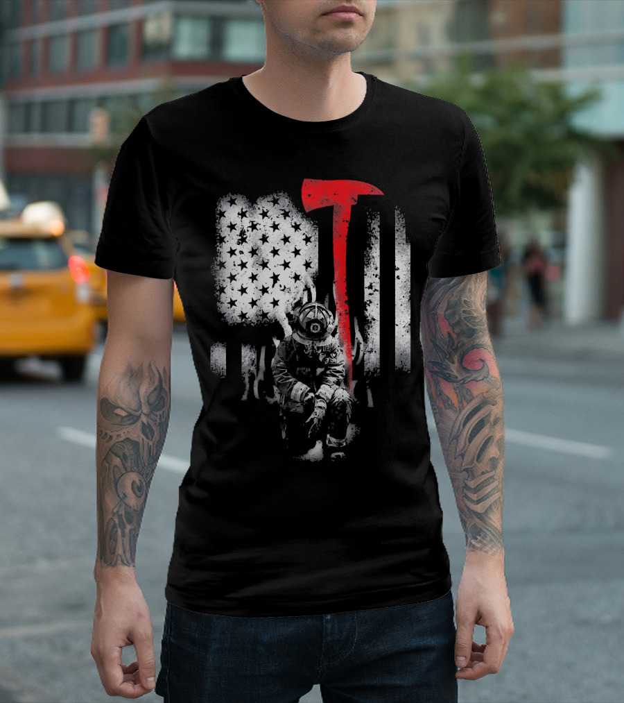 FIREFIGHTER KNEEL FOR THE FALLEN AXE FLAG T-Shirt