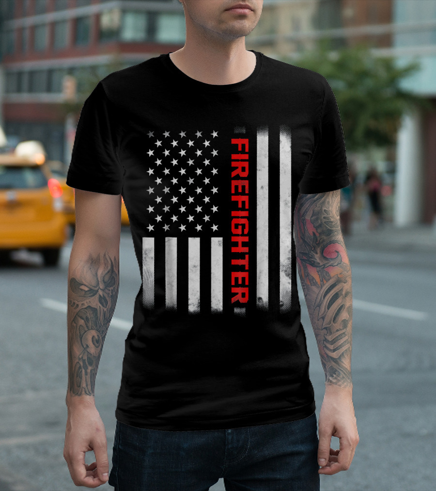 FIRE FIGHTER American Flag Vertical Red Line T-Shirt
