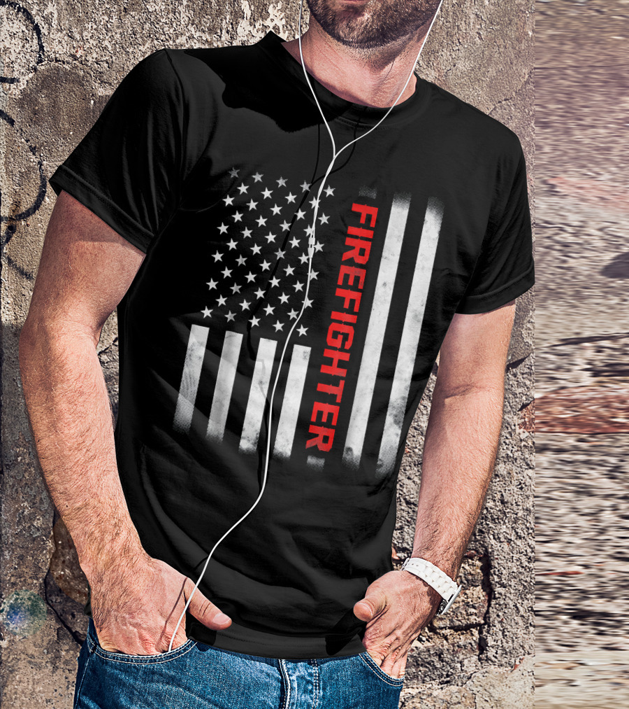 FIRE FIGHTER American Flag Vertical Red Line T-Shirt