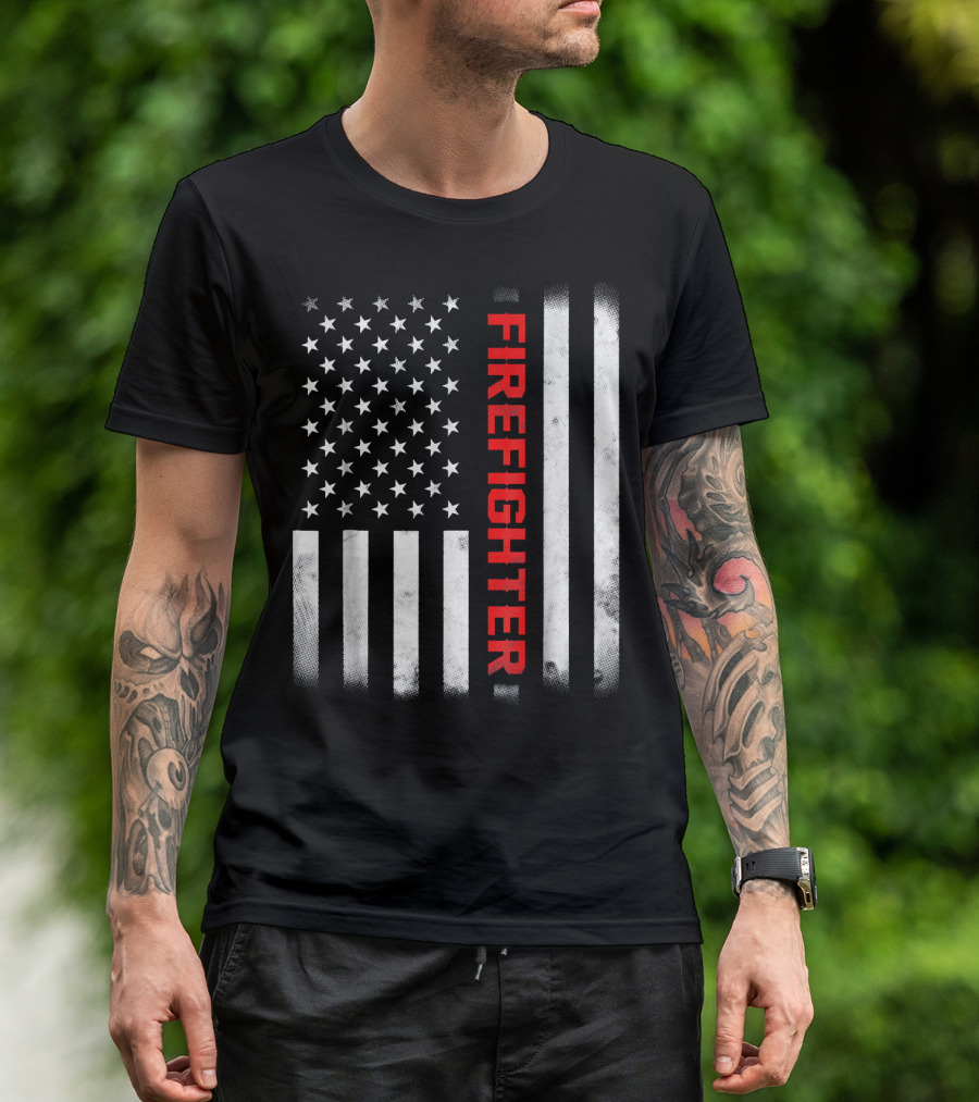 FIRE FIGHTER American Flag Vertical Red Line T-Shirt