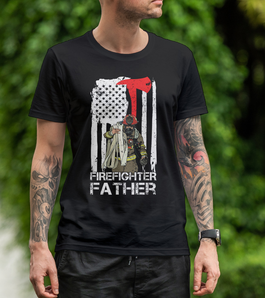 Firefighter Father Thin Red Line Axe American Flag T-Shirt