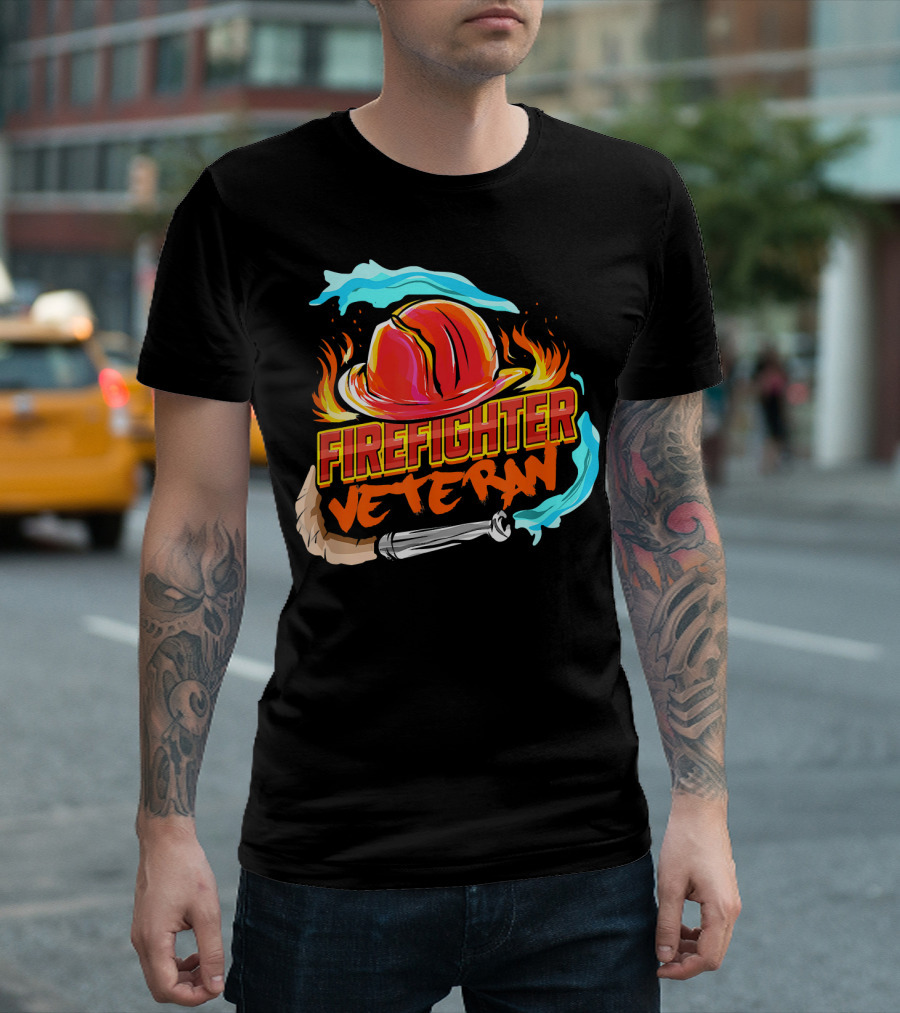 Firefighter Veteran Helmet Flames Axe T-Shirt