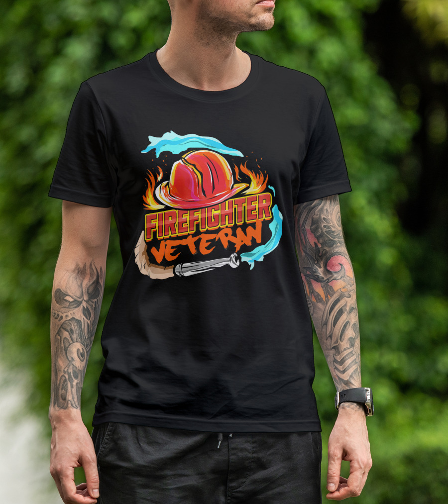 Firefighter Veteran Helmet Flames Axe T-Shirt