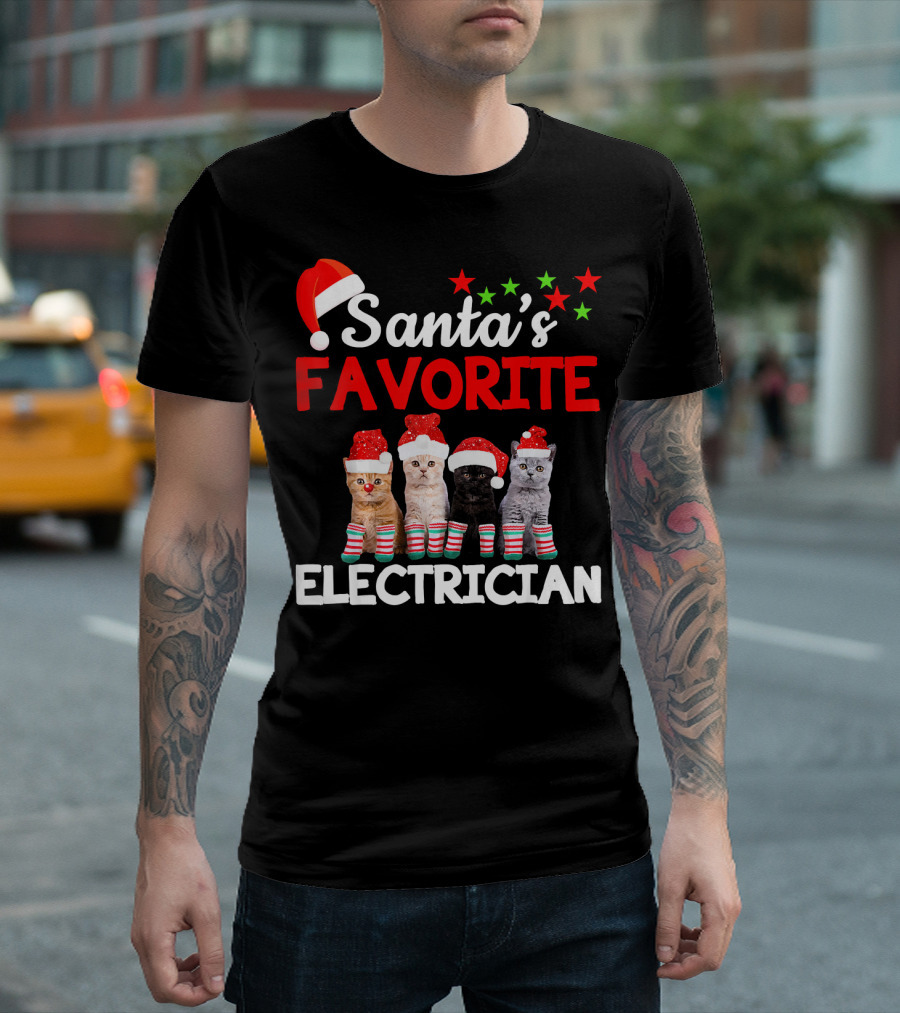 Santa's Favorite Electrician with Cats in Christmas Hats and Striped Socks T-Shirt