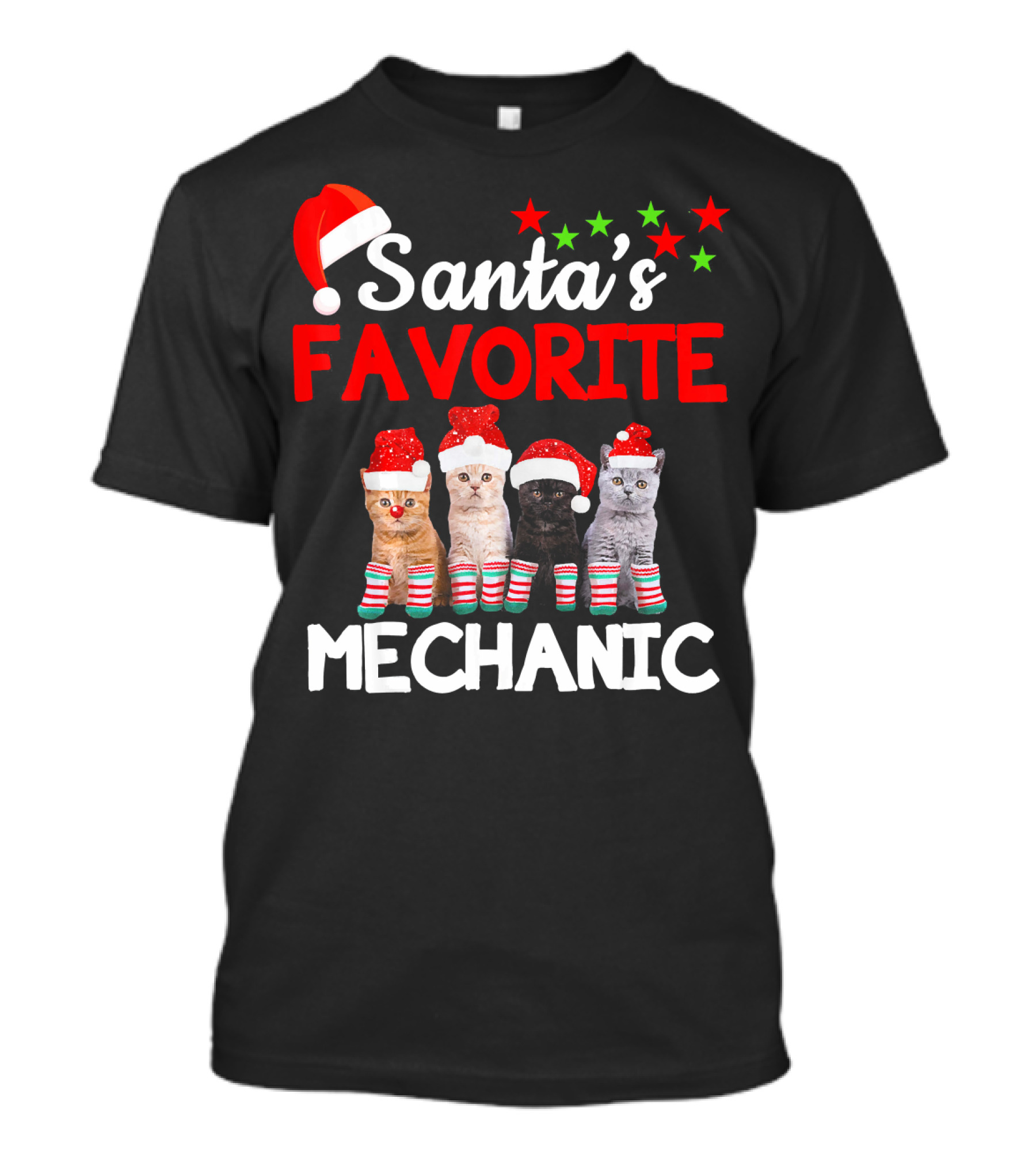 Santa's Favorite Mechanic Funny Cat With Santa Hat And Striped Socks T-Shirt
