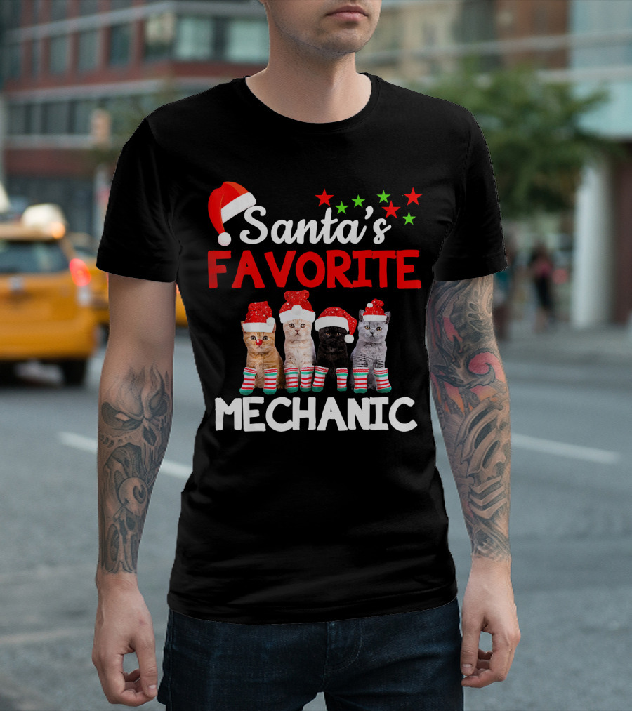 Santa's Favorite Mechanic Funny Cat With Santa Hat And Striped Socks T-Shirt