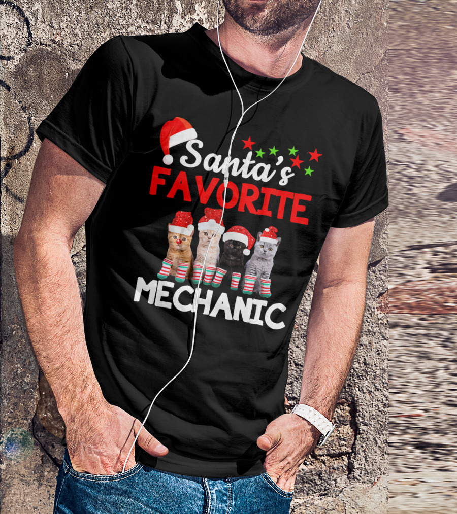 Santa's Favorite Mechanic Funny Cat With Santa Hat And Striped Socks T-Shirt