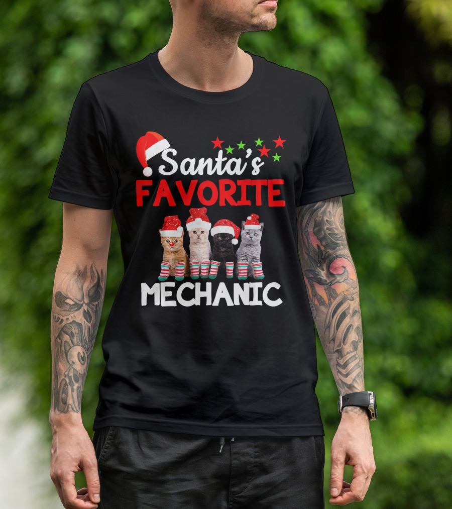 Santa's Favorite Mechanic Funny Cat With Santa Hat And Striped Socks T-Shirt