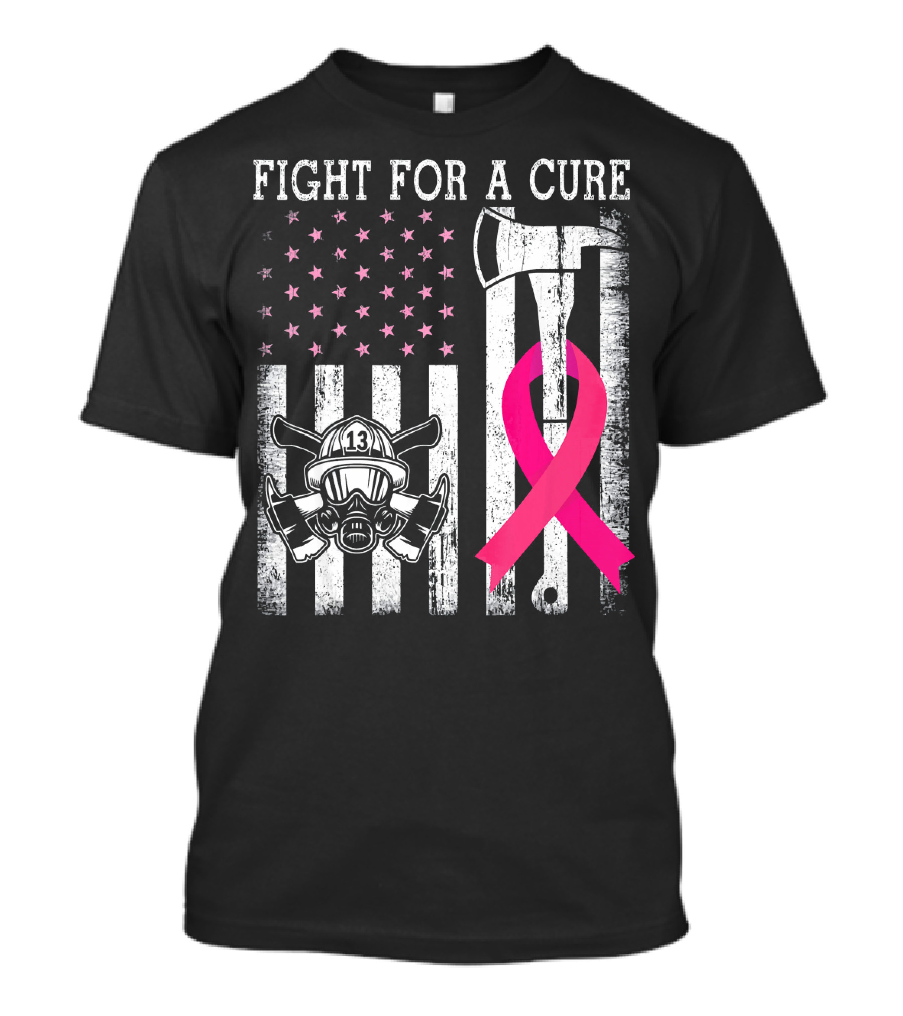 Fight For A Cure Firefighter US Flag Pink Ribbon Helmet Axe T-Shirt