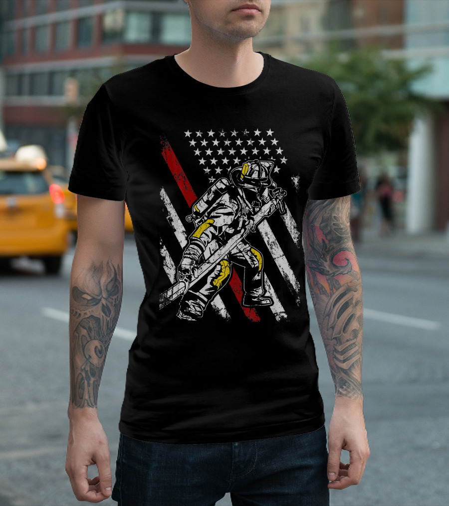 Firefighter Holding Hose American Flag Thin Red Line T-Shirt
