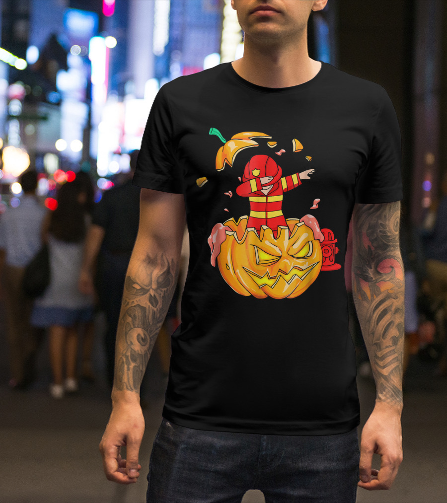Firefighter Dabbing Pumpkin Halloween Mashup T-Shirt