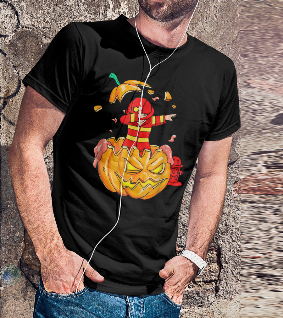 Firefighter Dabbing Pumpkin Halloween Mashup T-Shirt