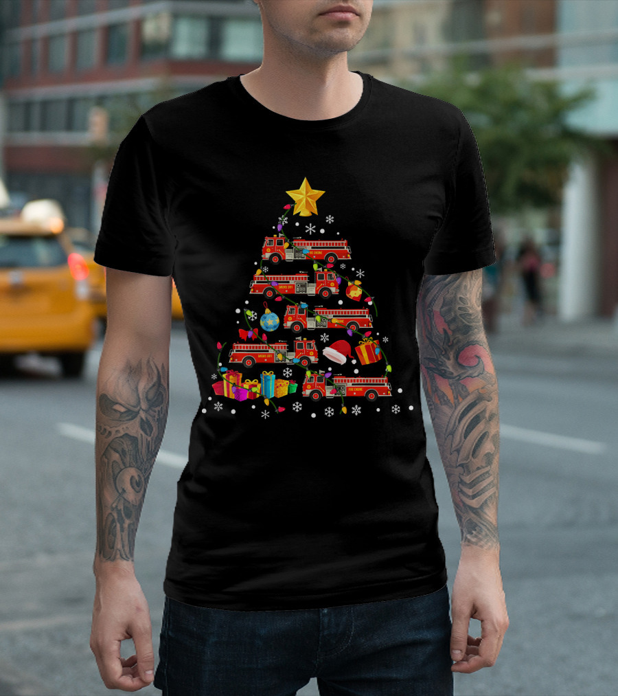 Firefighter Truck Christmas Tree with Star and Gifts T-Shirt