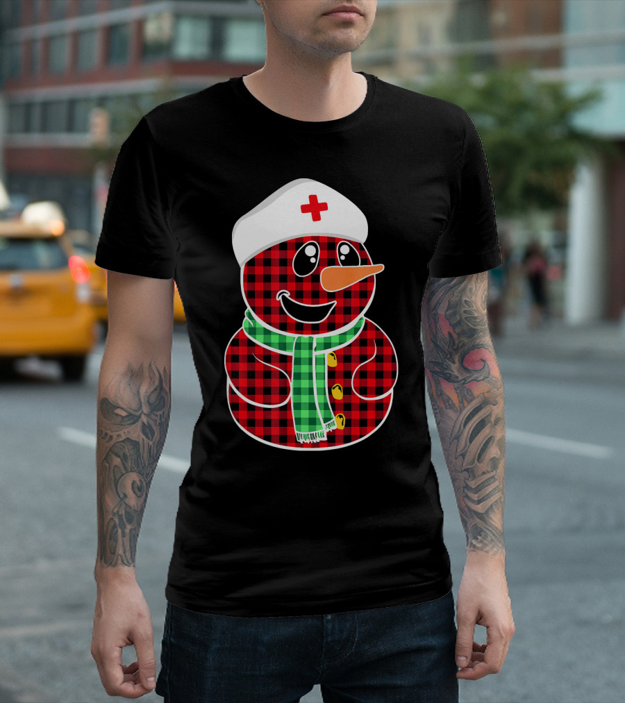 Buffalo Plaid Snowman Nurse with Green Scarf T-Shirt