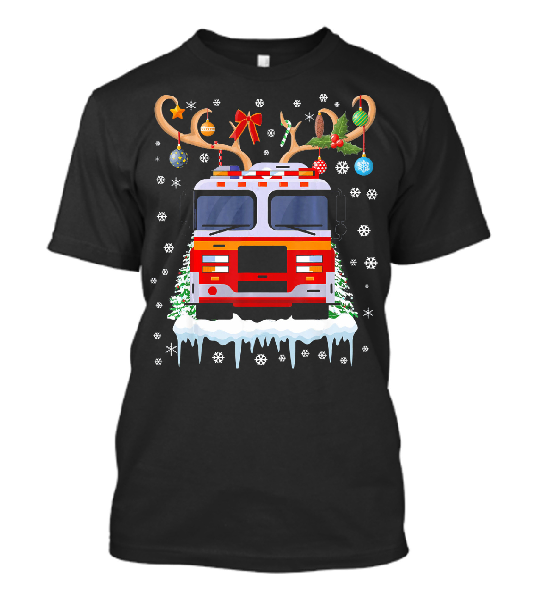 Firefighter Reindeer Funny Christmas Fire Truck Festive Holiday Antlers Snowflakes T-Shirt