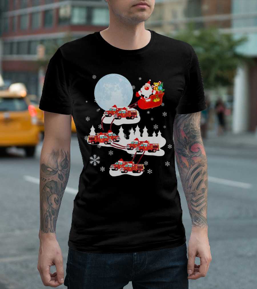 Firefighter Fire Truck Santa Sleigh Christmas Scene T-Shirt