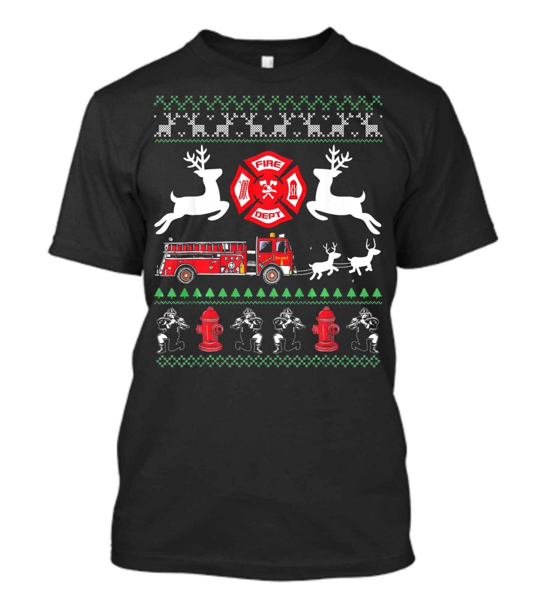 Fire Truck Reindeer Firefighter Ugly Christmas T-Shirt