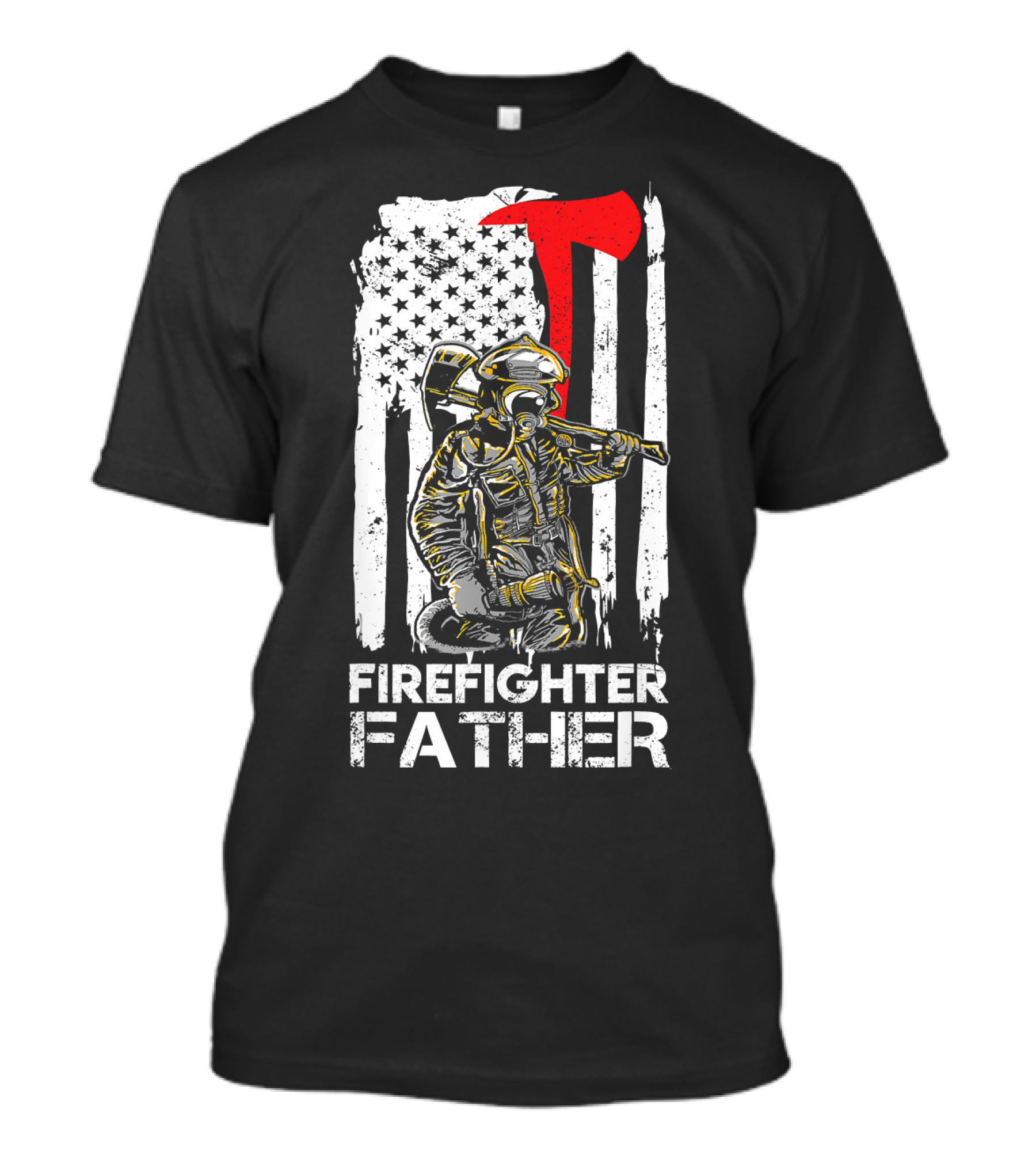 Firefighter Father American Flag Thin Red Line Axe Kneeling Fireman T-Shirt