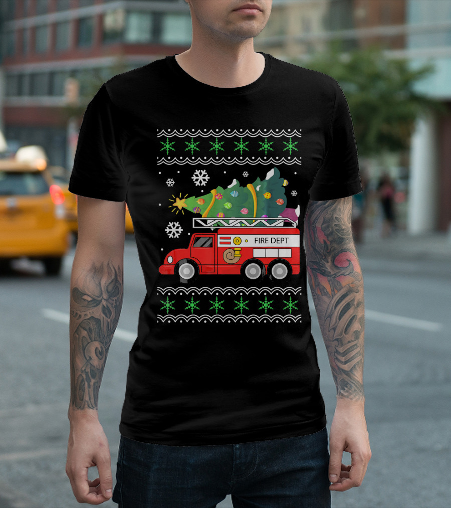 Firetruck Christmas Tree Firefighter Ugly T-Shirt