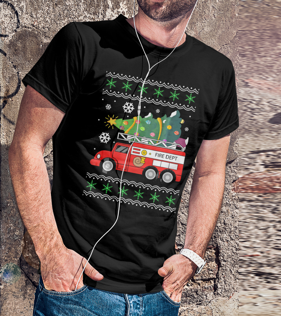 Firetruck Christmas Tree Firefighter Ugly T-Shirt