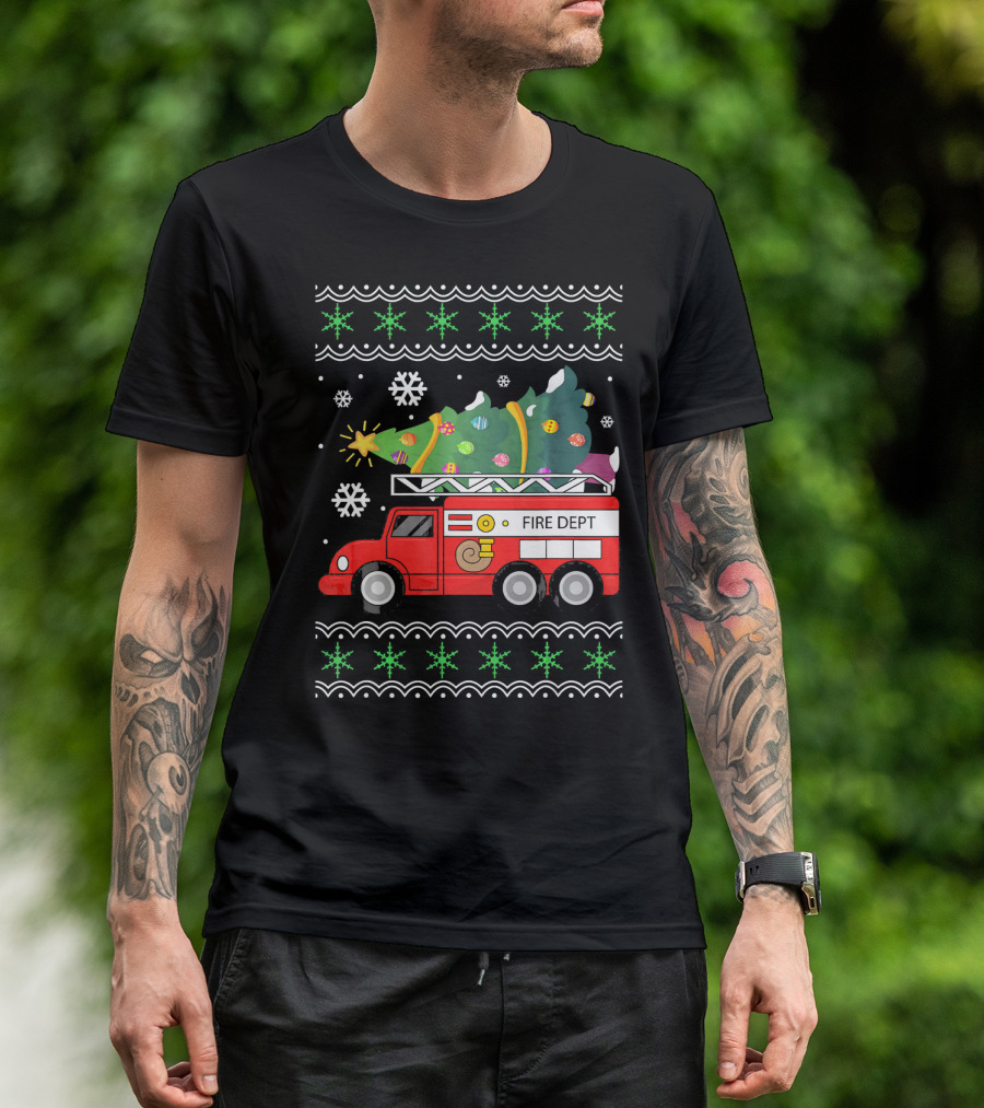 Firetruck Christmas Tree Firefighter Ugly T-Shirt