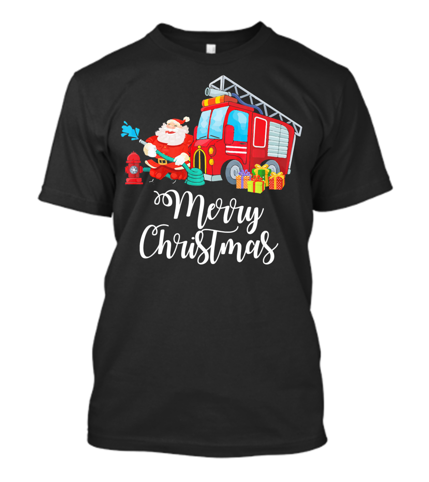 Merry Christmas Santa Fire Truck Firefighter Deliver Gifts T-Shirt