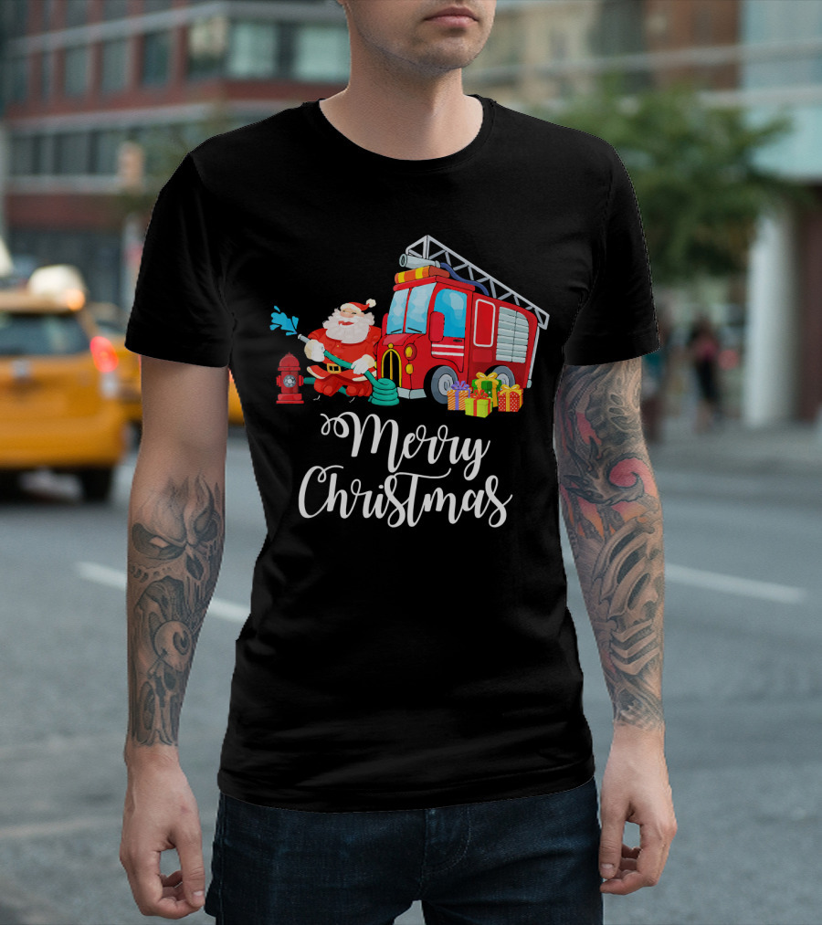 Merry Christmas Santa Fire Truck Firefighter Deliver Gifts T-Shirt