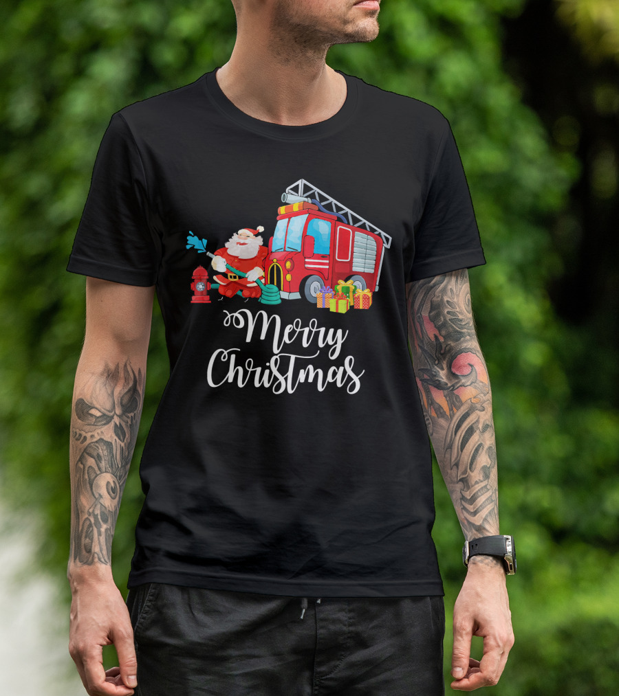 Merry Christmas Santa Fire Truck Firefighter Deliver Gifts T-Shirt