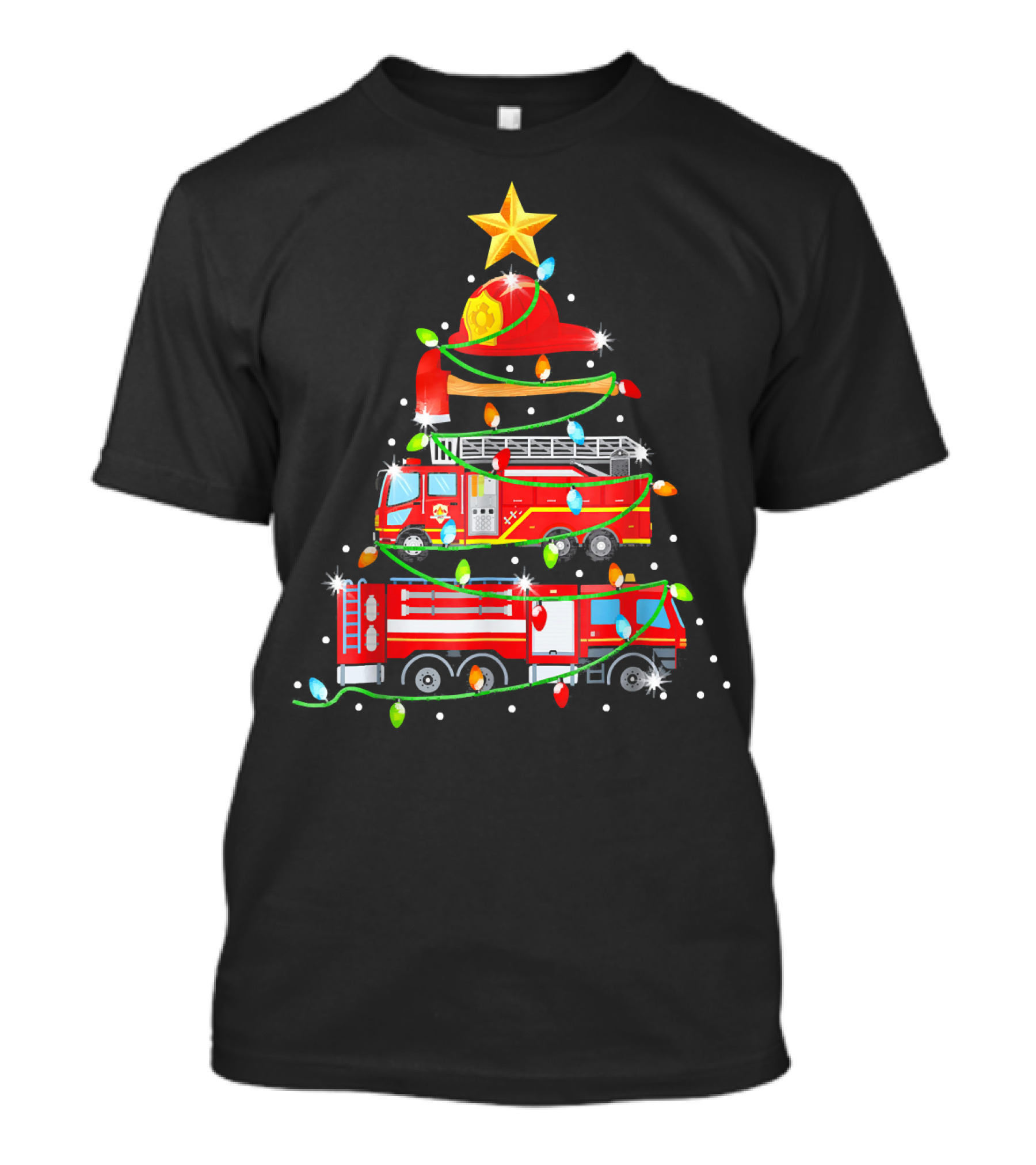 Firefighter Red Fire Truck Christmas Tree Lights And Hat T-Shirt