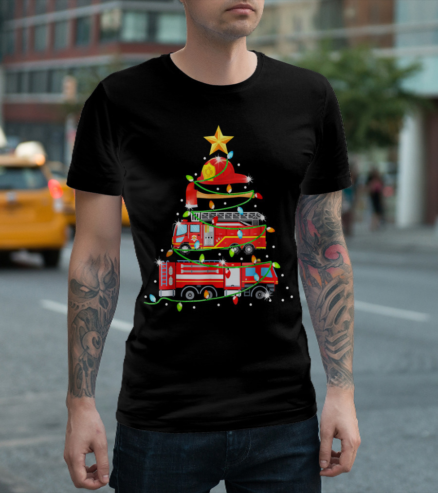 Firefighter Red Fire Truck Christmas Tree Lights And Hat T-Shirt