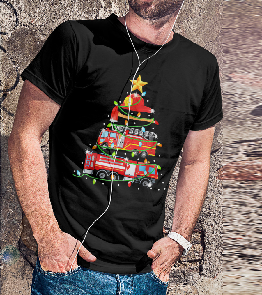 Firefighter Red Fire Truck Christmas Tree Lights And Hat T-Shirt