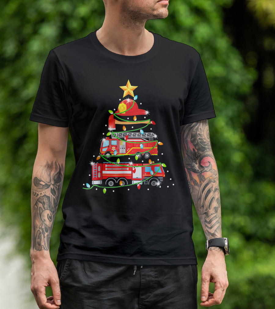 Firefighter Red Fire Truck Christmas Tree Lights And Hat T-Shirt