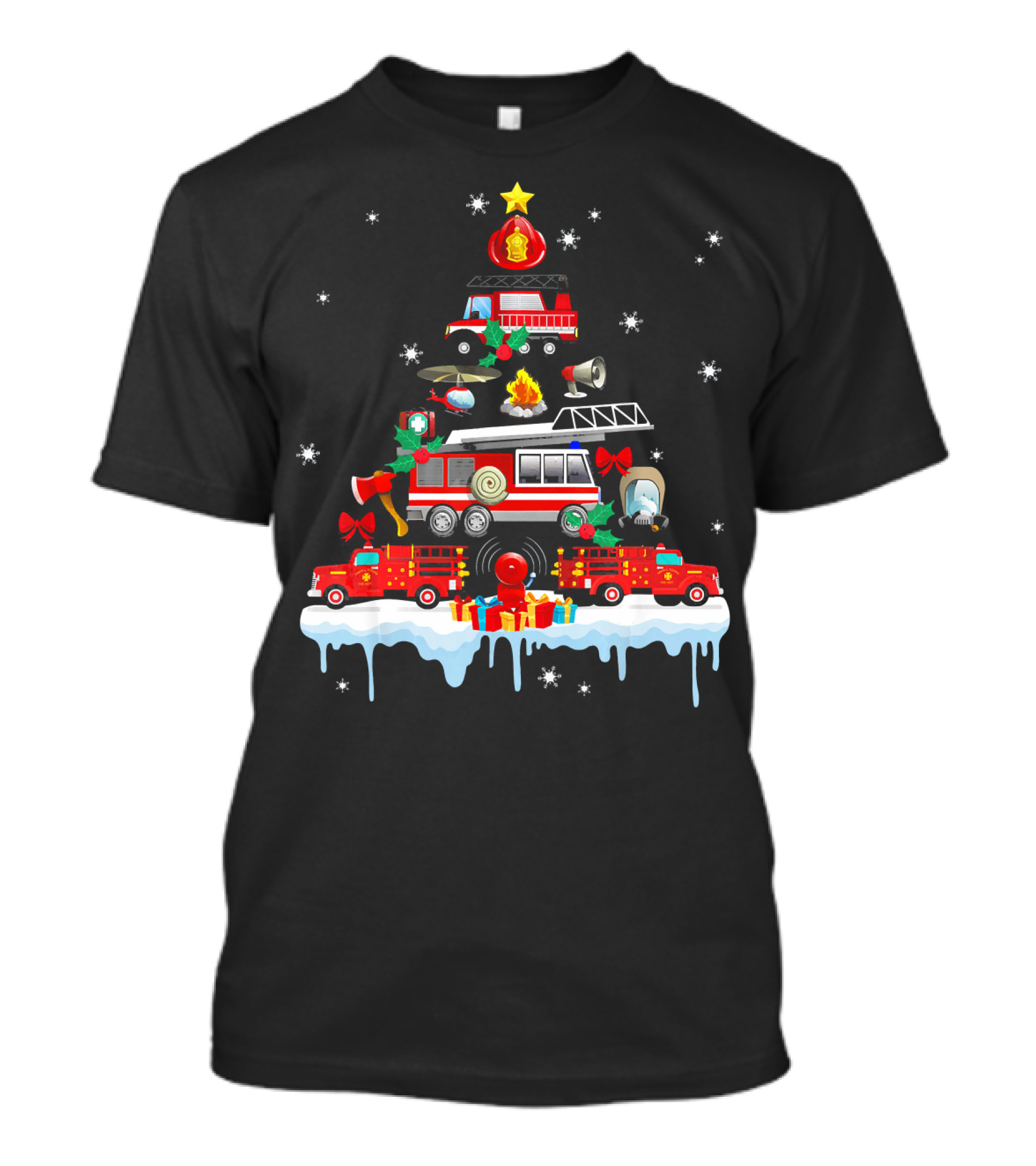 Fire Truck Firefighter Christmas Tree Snowflakes Gifts T-Shirt