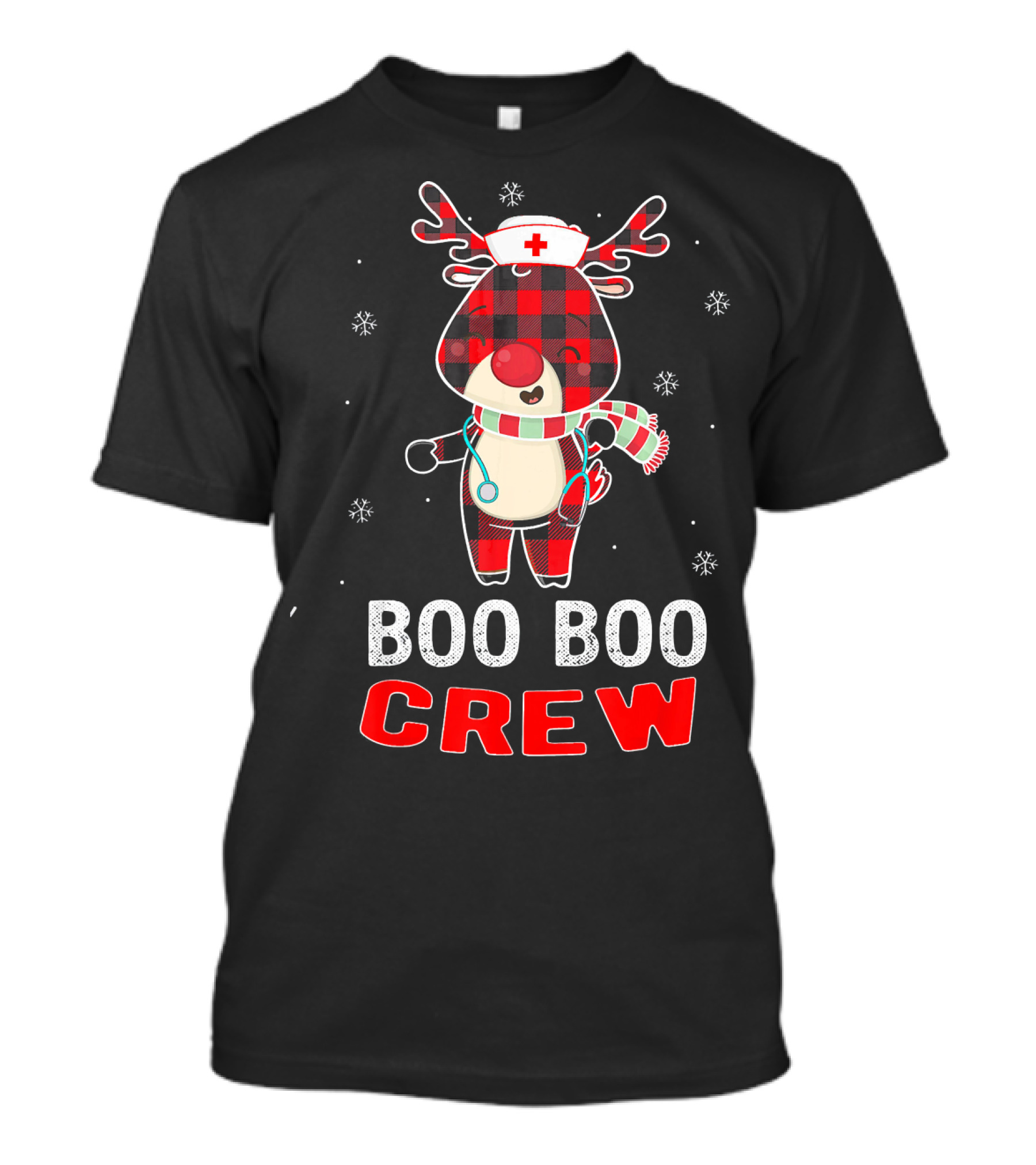 Funny Cute Reindeer Plaid Boo Boo Crew Nurse Stethoscope Snowflakes T-Shirt