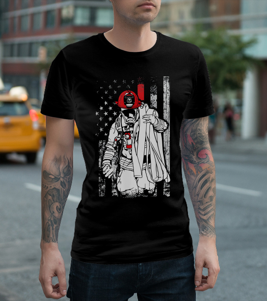 Firefighter With Helmet And American Flag Colors Patriotic T-Shirt