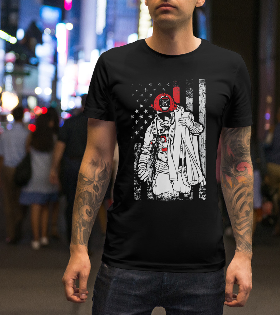 Firefighter With Helmet And American Flag Colors Patriotic T-Shirt