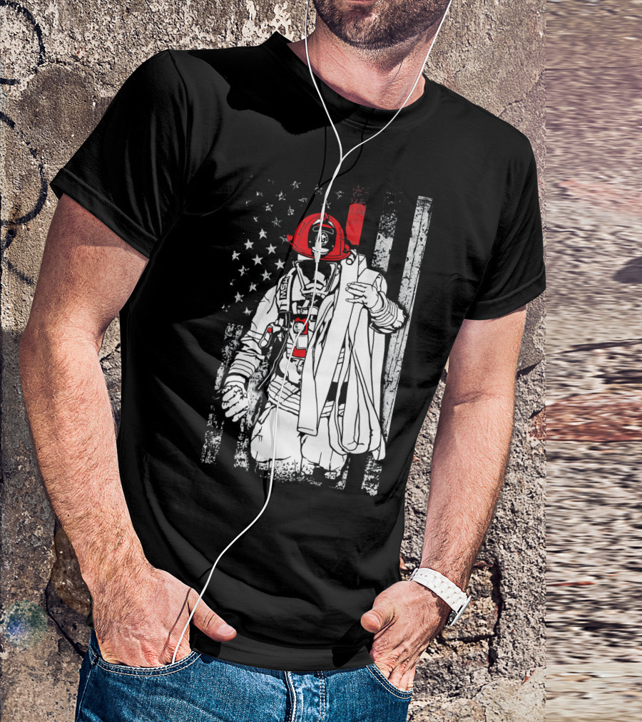 Firefighter With Helmet And American Flag Colors Patriotic T-Shirt