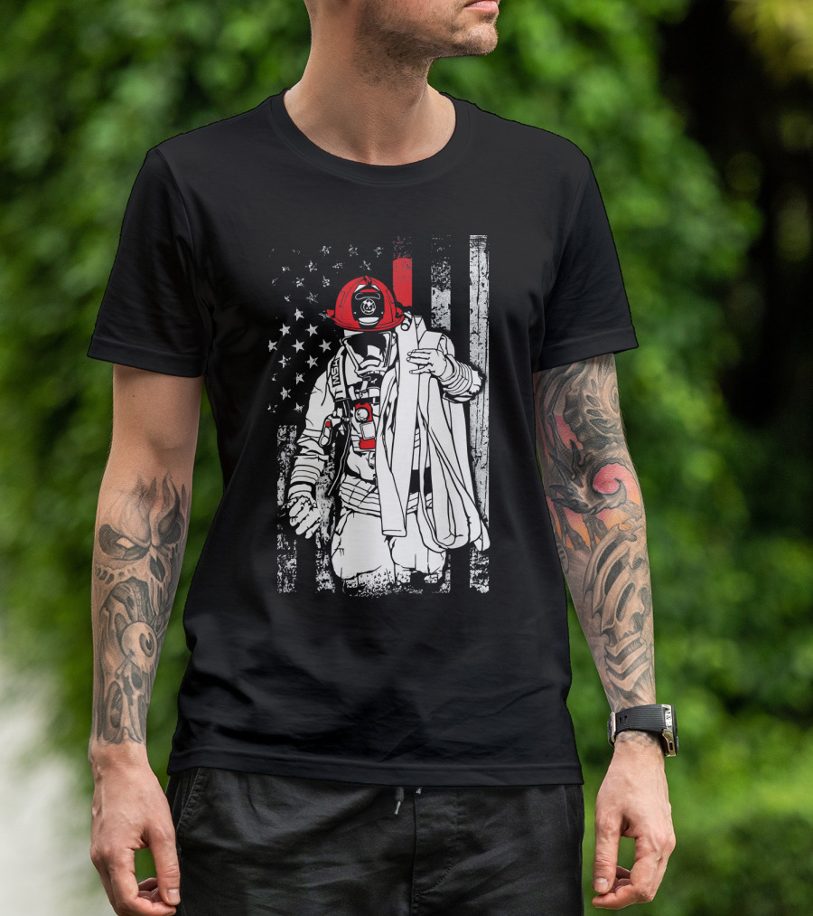 Firefighter With Helmet And American Flag Colors Patriotic T-Shirt