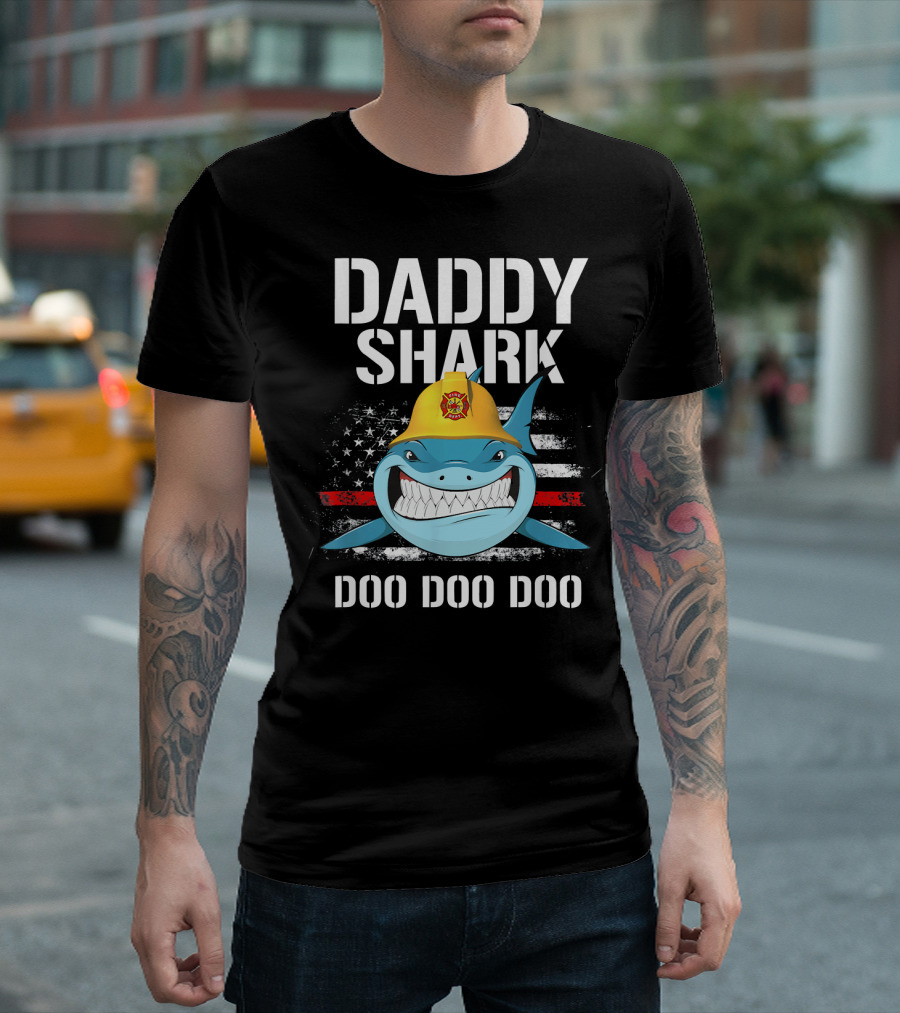 Daddy Shark Firefighter Helmet Doo Doo Doo T-Shirt