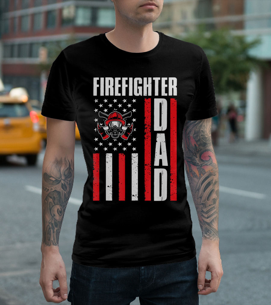 Fighter Dad Fireman Amer Flag Helmet T-Shirt