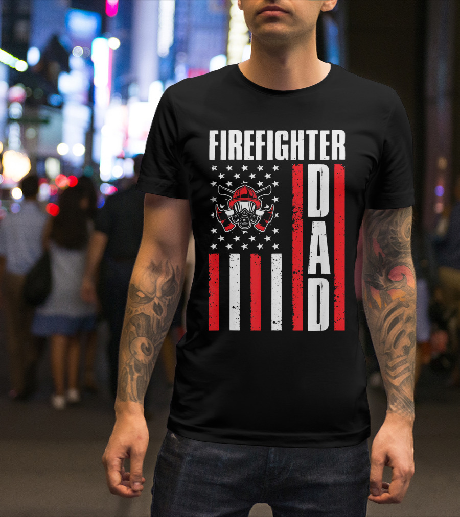 Fighter Dad Fireman Amer Flag Helmet T-Shirt
