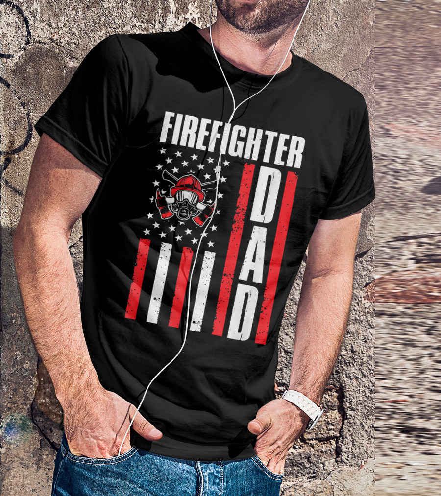 Fighter Dad Fireman Amer Flag Helmet T-Shirt