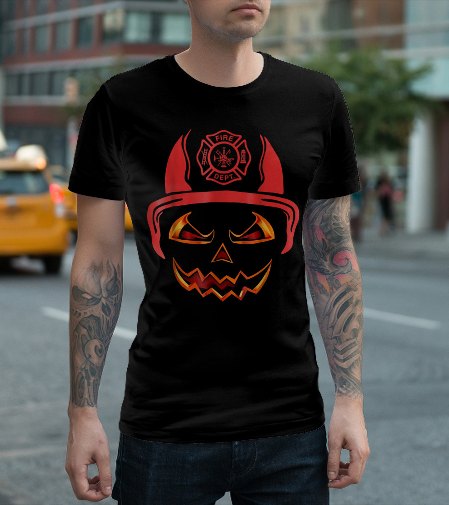 Fierce Fire Dept Pumpkin Face with Firefighter Helmet T-Shirt