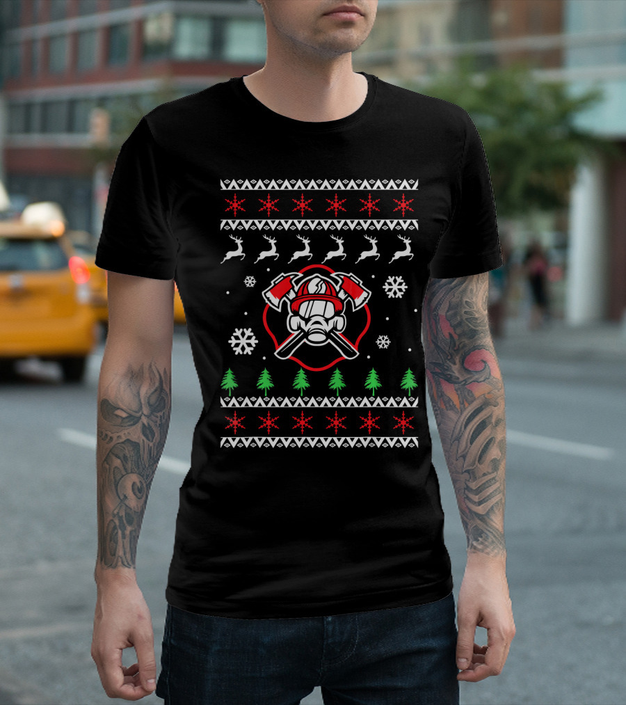 Fireman Christmas Ugly Sweater Design with Snowflakes and Reindeer T-Shirt