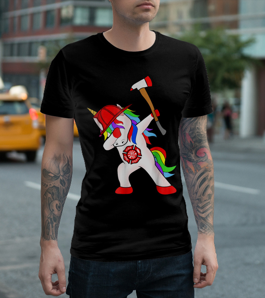 Firefighter Unicorn Dabbin with Axe and Fire Dept Badge T-Shirt