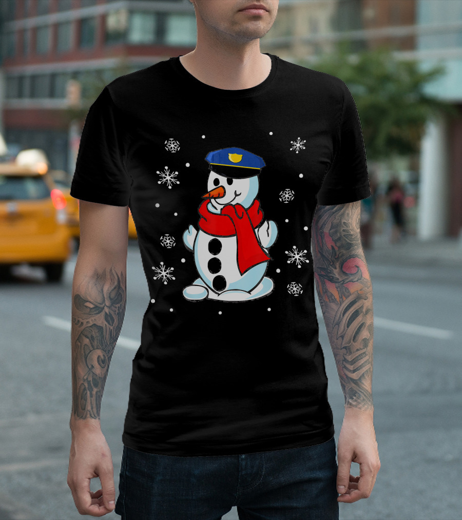 Funny Christmas Police Officer Snowman with Blue Hat and Red Scarf Surrounded by Snowflakes T-Shirt