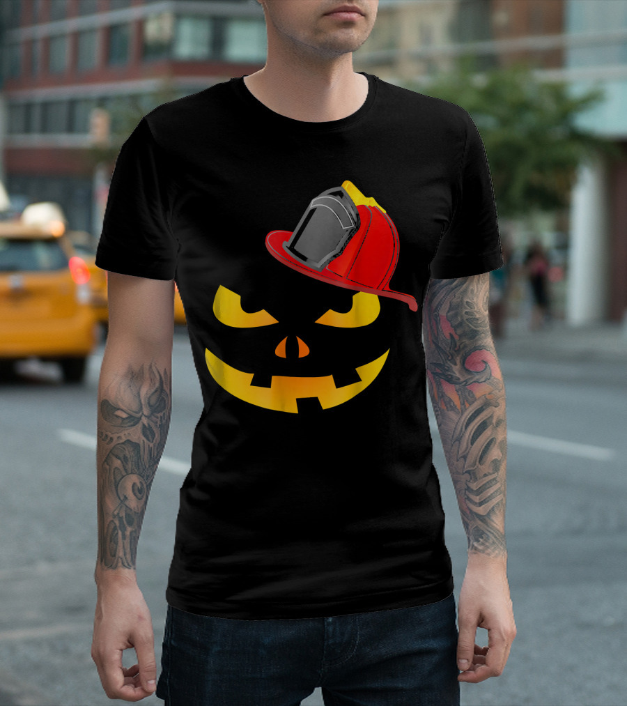 Firefighter Helmet Lantern Pumpkin Face T-Shirt